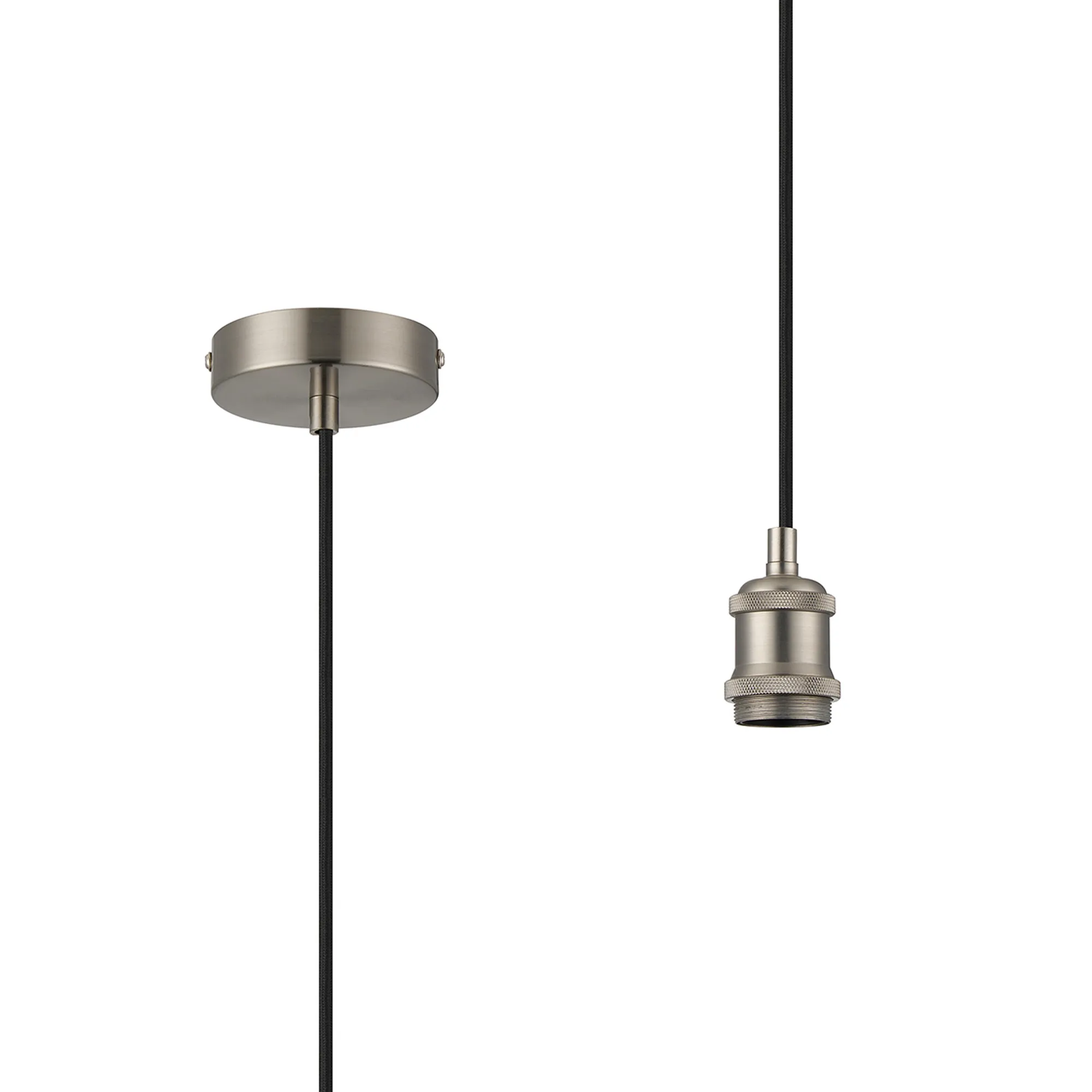 D0648  Dreifa 1.5m Single Pendant, 1 x E27, Satin Nickel/Black Braided Cable (Maximum Load 1.5kg)